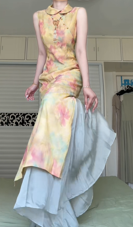 New Chinese Style Sleeveless Modified Qipao Evening Gown, Watercolor Floral Print Stand‑Collar Slit Qipao With Wide‑Leg Underskirt Formal Dress gh8977