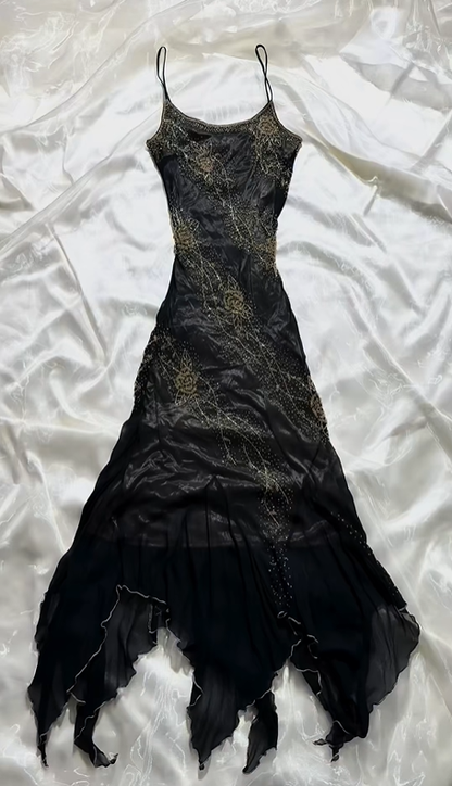 Vintage Long Prom & Evening Party Dress, Black Base Spaghetti Straps, Gold Beaded Details, Fitted Waist Slim Silhouette gh8585