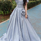 Dusty Blue Square Neck Satin Evening Gown Short Puff Sleeves 3D Floral Ball Gown Long Prom Dress gh9461