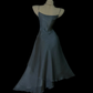 Dusty Blue Satin Slip Midi Gown, Cowl Draped Neckline, One‑Shoulder Tassel Rhinestone Fringe Detail, High Fitted Waist, Asymmetrical Tiered Flowy Midi Skirt, Retro Cold‑Tone Prom Evening Photoshoot Dress gh8872