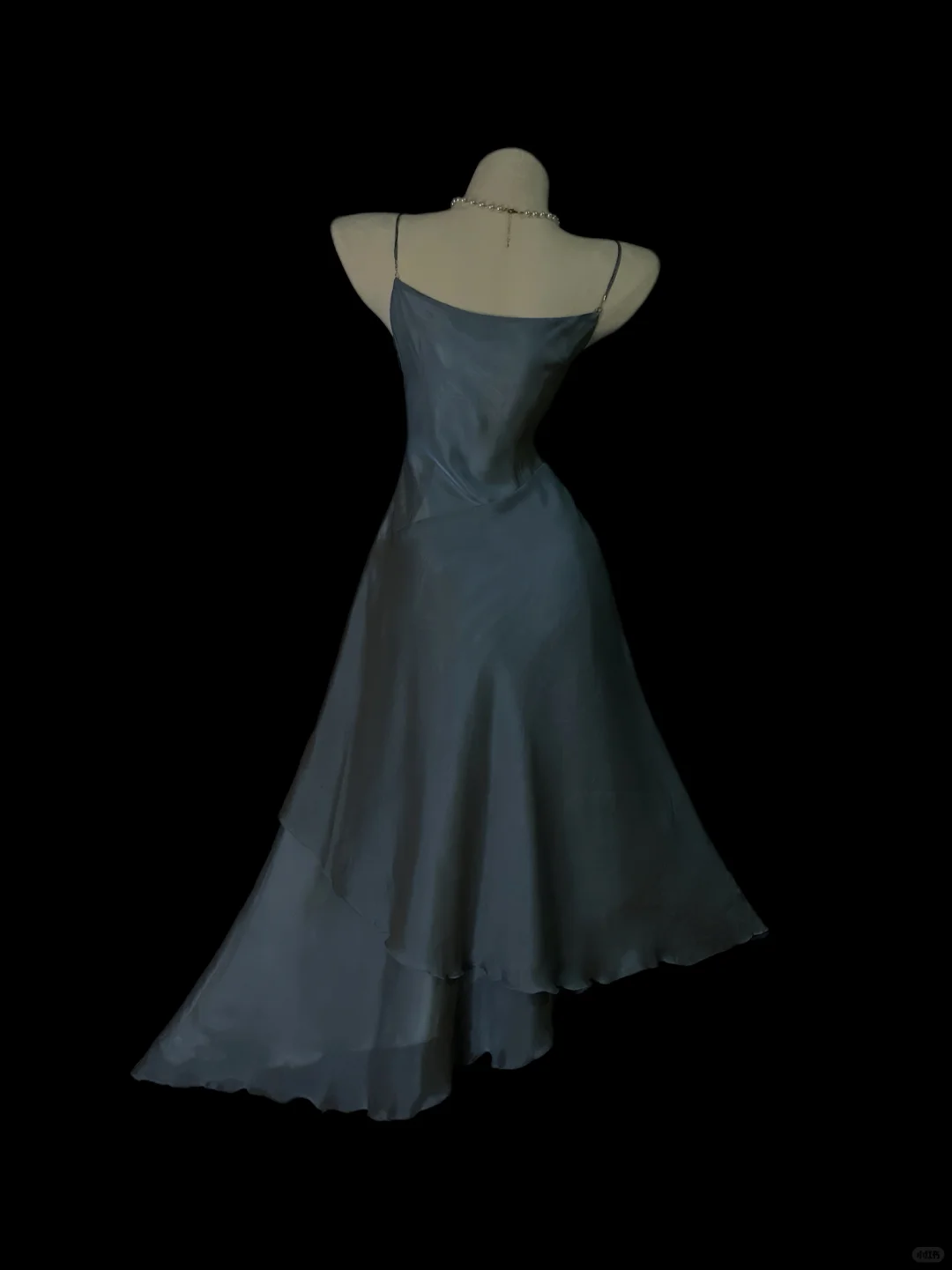 Dusty Blue Satin Slip Midi Gown, Cowl Draped Neckline, One‑Shoulder Tassel Rhinestone Fringe Detail, High Fitted Waist, Asymmetrical Tiered Flowy Midi Skirt, Retro Cold‑Tone Prom Evening Photoshoot Dress gh8872
