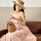 Dusty‑Pink Vintage Strapless Maxi Gown, Bandeau Tube Top, 3D Fabric Rose & Ribbon Appliqués, Gathered Waist, Voluminous A‑Line Pleated Maxi Skirt With Pockets, Manor‑Style Prom Photoshoot Elopement Wedding Dress gh8861