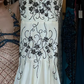 Ivory Spaghetti Straps V Neck Evening Gown Black Floral Beaded Irregular Ruffle Long Formal Prom Dress gh9741