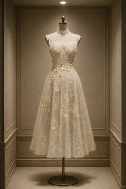✨Girlhomeshops-Champagne Pearl Strap Qipao Bridal Gown with Gold Embroidery Feather Tulle gh10515