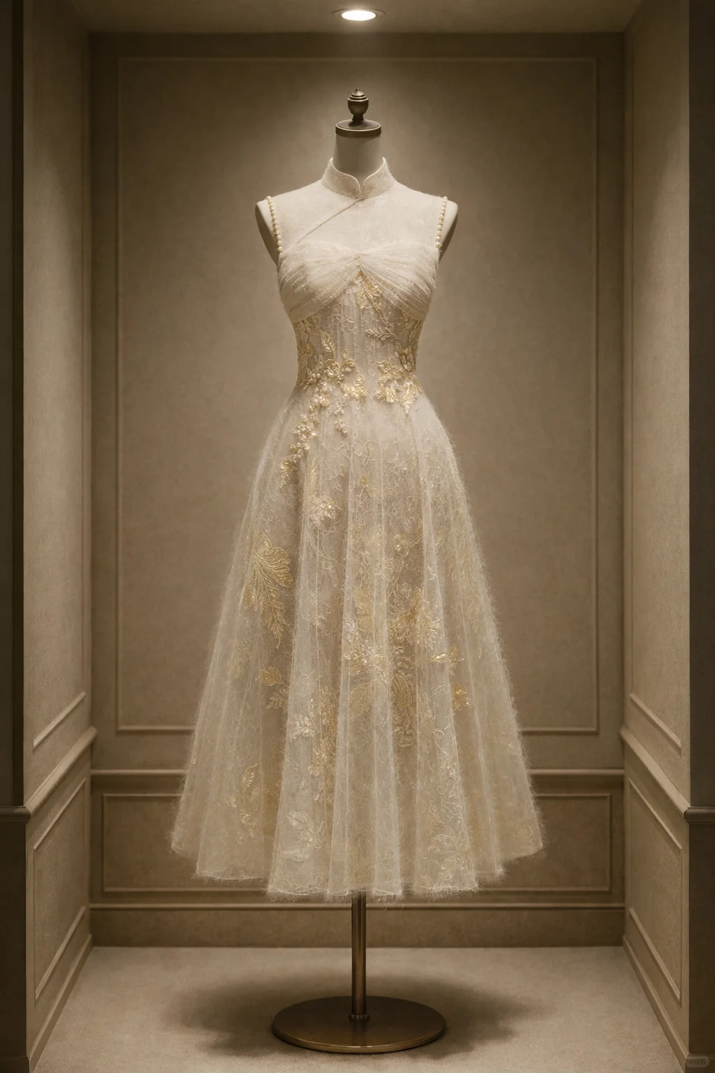 ✨Girlhomeshops-Champagne Pearl Strap Qipao Bridal Gown with Gold Embroidery Feather Tulle gh10515