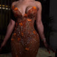 Orange Luxury Shiny Beaded V Neck Sexy Elegant Mermaid Slim Fit Long Floor Length Train Ball Gown Evening Gown Party Dress Prom Dress gh3660