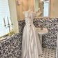 Ivory Strapless Long Romantic Dress with Cinched Waist and Full Flared Skirt, Wedding Gown gh7774