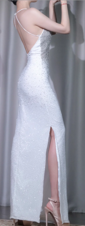 ✨Girlhomeshops-Ombre Silver White Halter Sequin Mermaid Prom Gown High Slit gh10114