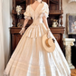 Off‑White Puff Sleeve Fitted Waist Vintage Palace‑Style Full Flared Skirt Long Prom Gown, Wedding Dress gh8607