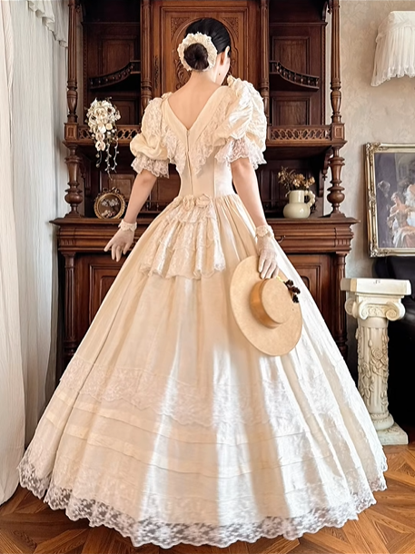 Off‑White Puff Sleeve Fitted Waist Vintage Palace‑Style Full Flared Skirt Long Prom Gown, Wedding Dress gh8607