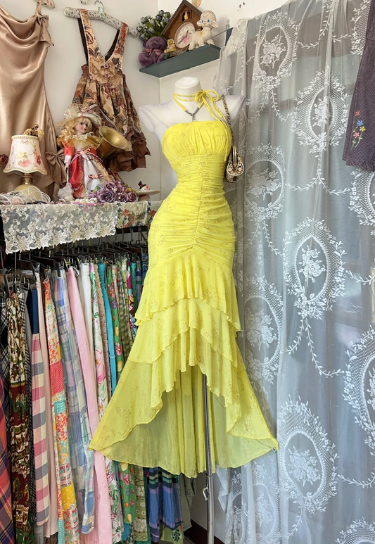 Sexy Long Light Yellow Vintage Halter Fitted Waist Slim Bodycon Prom & Evening Party Dress gh8481