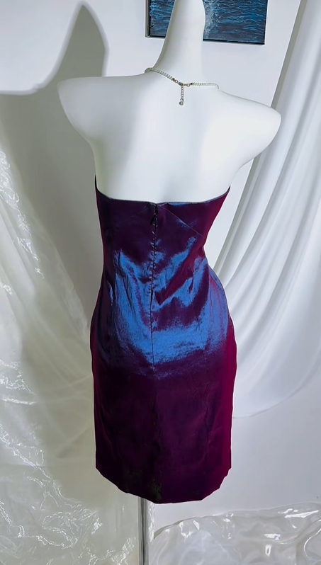 Vintage Blue Purple Satin Strapless Short Prom & Evening Party Dress, Fitted Waist Slim Silhouette gh8544