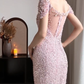 Light‑Pink‑Mermaid‑Evening‑Gown V‑Neck‑Cap‑Sleeves All‑Over‑Beaded‑Sequins Side‑Scroll‑Embroidery Fitted‑Sweep‑Train Retro‑Prom‑Bridal‑Reception‑Dress gh8848