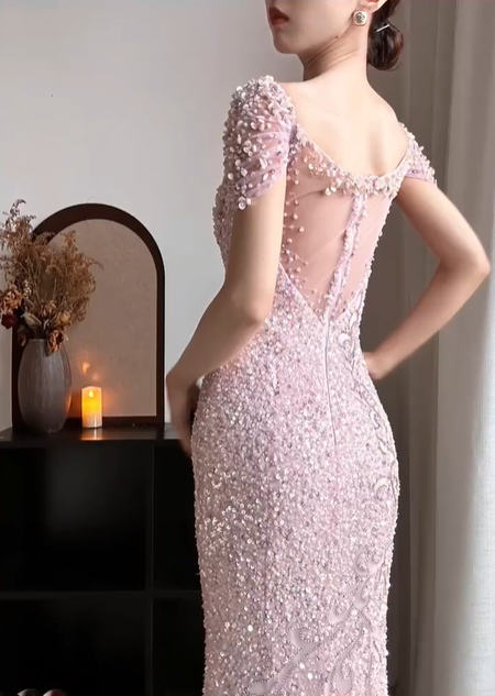 Light‑Pink‑Mermaid‑Evening‑Gown V‑Neck‑Cap‑Sleeves All‑Over‑Beaded‑Sequins Side‑Scroll‑Embroidery Fitted‑Sweep‑Train Retro‑Prom‑Bridal‑Reception‑Dress gh8848