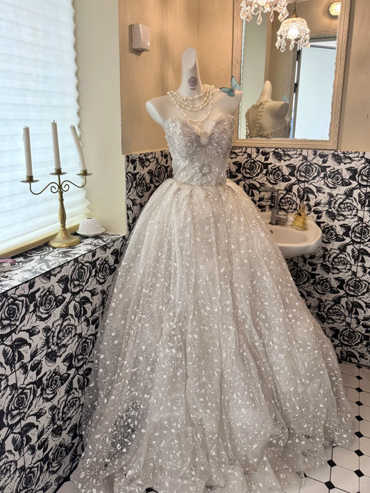 Light Gray Apricot Strapless Waist-Cinched Full Flared Long Vintage Romantic Dress, Wedding Gown gh7504