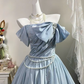 Dusty Blue Satin Off Shoulder Long Evening Gown, Puff Sleeve With Big Bow A-Line Prom Dress gh9282