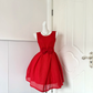 Red Grid Eyelet Mesh Sleeveless Short Cocktail Dress, Round Neck Big Bow Sash Pleated A‑Line Homecoming Party Gown gh9222