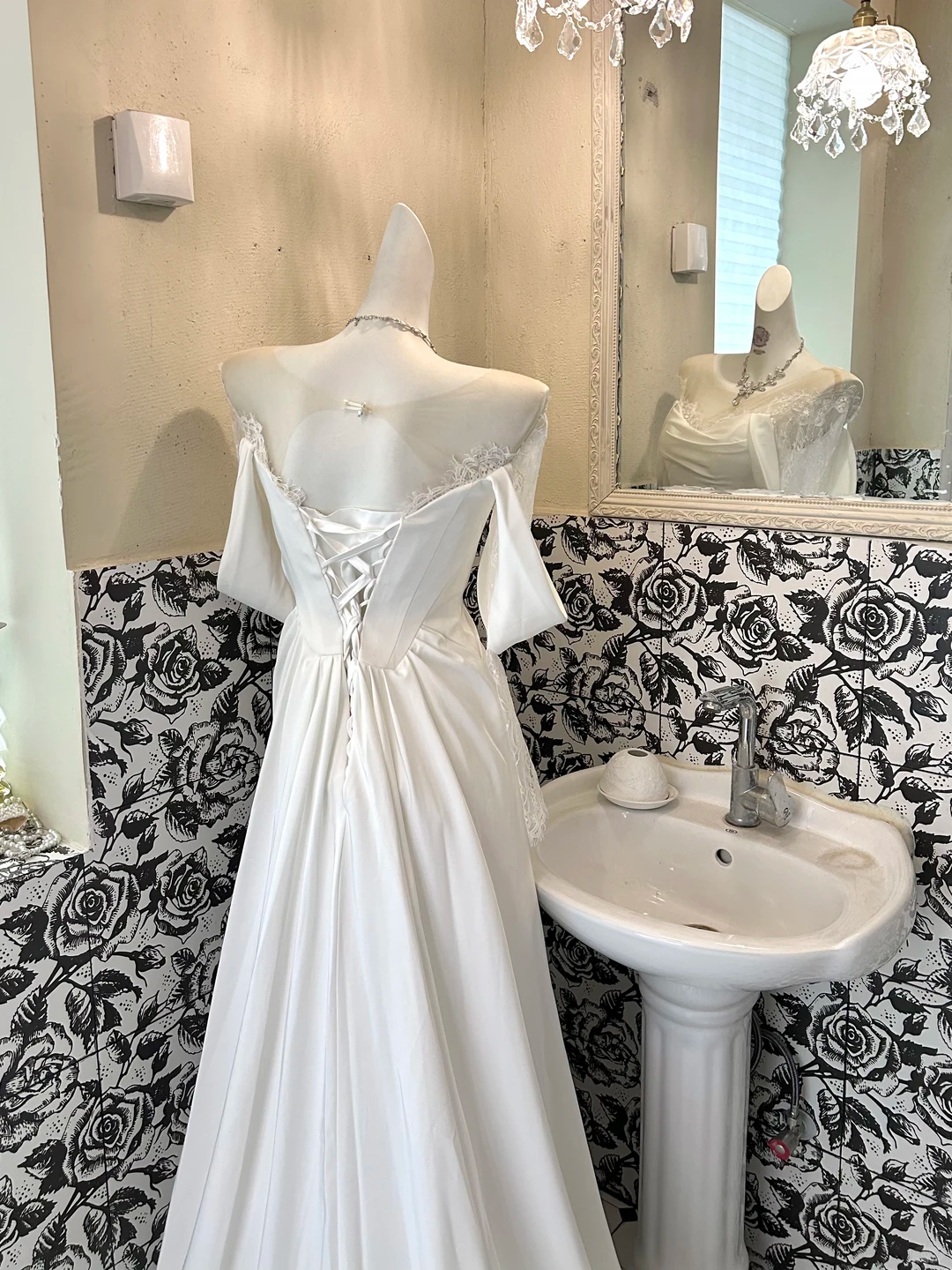 White Off-the-Shoulder Satin Waist-Cinched Slit Sexy Long Romantic Dress, Wedding Gown gh7718