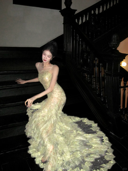 Light Green Spaghetti Strap Rhinestone Fitted Waist Slim Mermaid Prom & Evening Party Dress gh8505