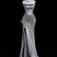 Silver Gorgeous Shimmer Slim Fit Long Satin Prom dress Evening Dress Party Dress gh4967