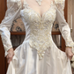 White Vintage Satin Wedding Prom Dress, Lace High Neck Choker, Leg‑of‑Mutton Puff Sleeves, Beaded Lace Appliqués, Floral Lace Embroidery A‑Line Long Train gh8669