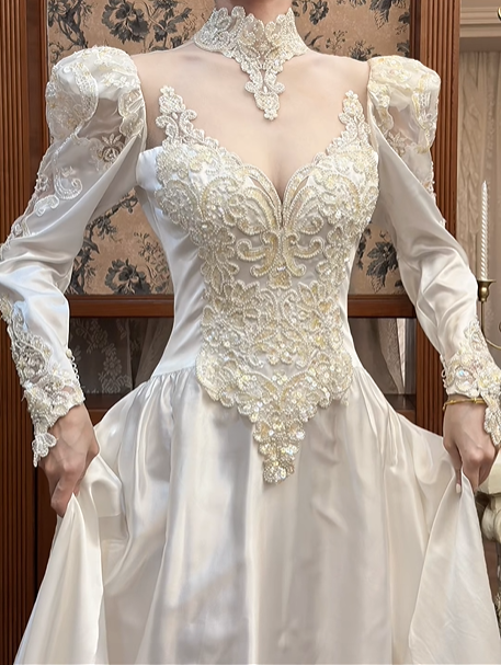 White Vintage Satin Wedding Prom Dress, Lace High Neck Choker, Leg‑of‑Mutton Puff Sleeves, Beaded Lace Appliqués, Floral Lace Embroidery A‑Line Long Train gh8669