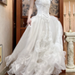White Vintage Tulle Ball Gown Wedding Prom Dress, V‑Neck Ruffled Puff Sleeves, Lace Beaded Tassel Bodice, Multi‑Layer Curled Ruffle Cake Skirt gh8698