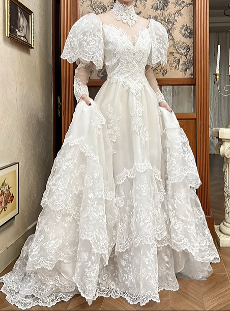 Ivory Vintage Lace Ball Gown Wedding Prom Dress, Mock Two‑Piece Lace High Neck V‑Neck, Lace Puff Cape Sleeves, Multi‑Tier Lace Long Train gh8699