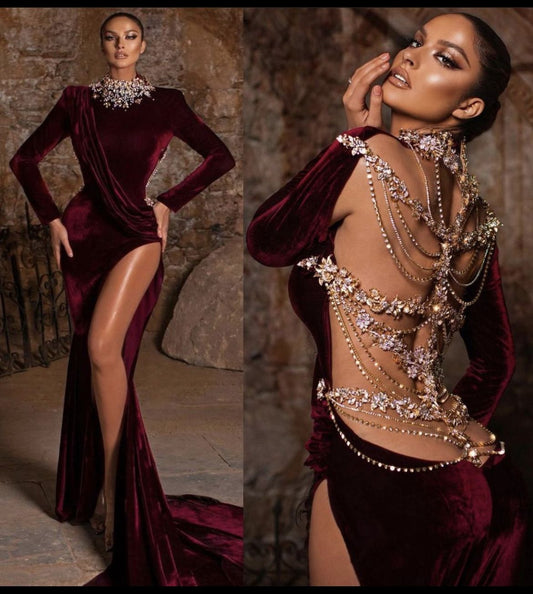 Girlhomeshops-Burgundy gorgeous exquisite beaded sexy long velvet prom dress gh5432