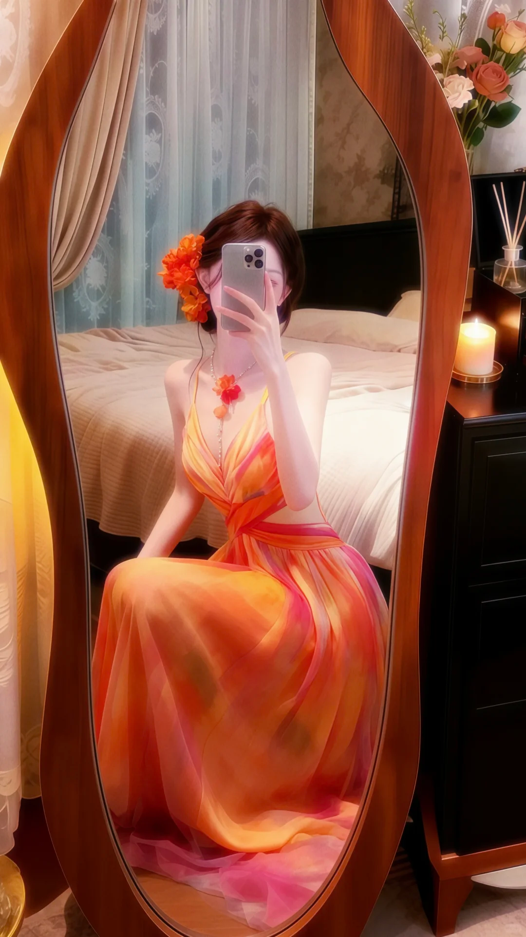 Orange‑Red Tie‑Dye Spaghetti Straps Evening Gown, Deep V Neck Cutout Waist Chiffon Floor‑Length Prom Dress gh9142