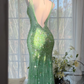 Mint Green V-Neck Sleeveless Fully Sequined Beaded Mermaid Evening Dress, Prom Gown gh9525