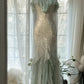 Green white gorgeous beautiful charming spaghetti straps beaded ruffles mermaid long slim lace tulle ball gown fashion evening dress party dress prom dress gh3617a