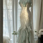 Green white gorgeous beautiful charming spaghetti straps beaded ruffles mermaid long slim lace tulle ball gown fashion evening dress party dress prom dress gh3617a