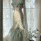 Green white gorgeous beautiful charming spaghetti straps beaded ruffles mermaid long slim lace tulle ball gown fashion evening dress party dress prom dress gh3617a