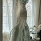 Green white gorgeous beautiful charming spaghetti straps beaded ruffles mermaid long slim lace tulle ball gown fashion evening dress party dress prom dress gh3617a