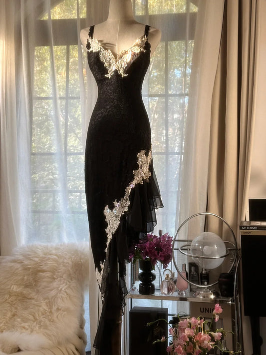 Robe de soirée noire rétro sexy à bretelles spaghetti, dentelle exquise, longue, moulante, coupe slim, élégante, gh3618