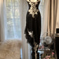 Robe de soirée noire rétro sexy à bretelles spaghetti, dentelle exquise, longue, moulante, coupe slim, élégante, gh3618