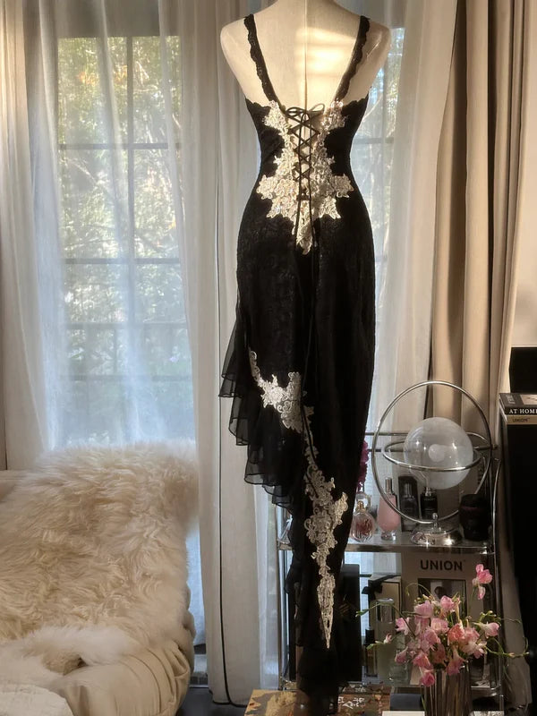 Robe de soirée noire rétro sexy à bretelles spaghetti, dentelle exquise, longue, moulante, coupe slim, élégante, gh3618