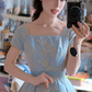 Vintage Blue Square Neck Printed Fitted Waist Flared Skirt Prom & Evening Party Dress gh8503