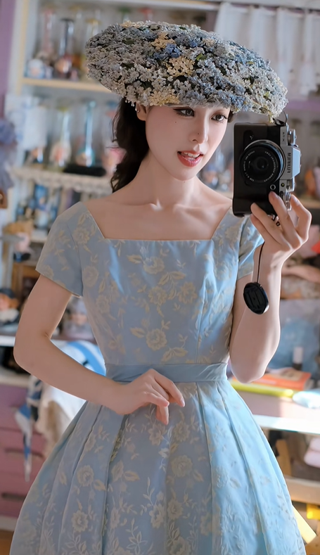 Vintage Blue Square Neck Printed Fitted Waist Flared Skirt Prom & Evening Party Dress gh8503