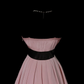 Dusty Pink Vintage Strapless Midi Prom Gown, V‑Neck Wrap Bodice, Lace Back Panel, Black Wide Satin Waistband, Pleated Full Midi Skirt, Wide Black Lace Hem Trim, Retro Elegant Party Photoshoot Dress gh8873