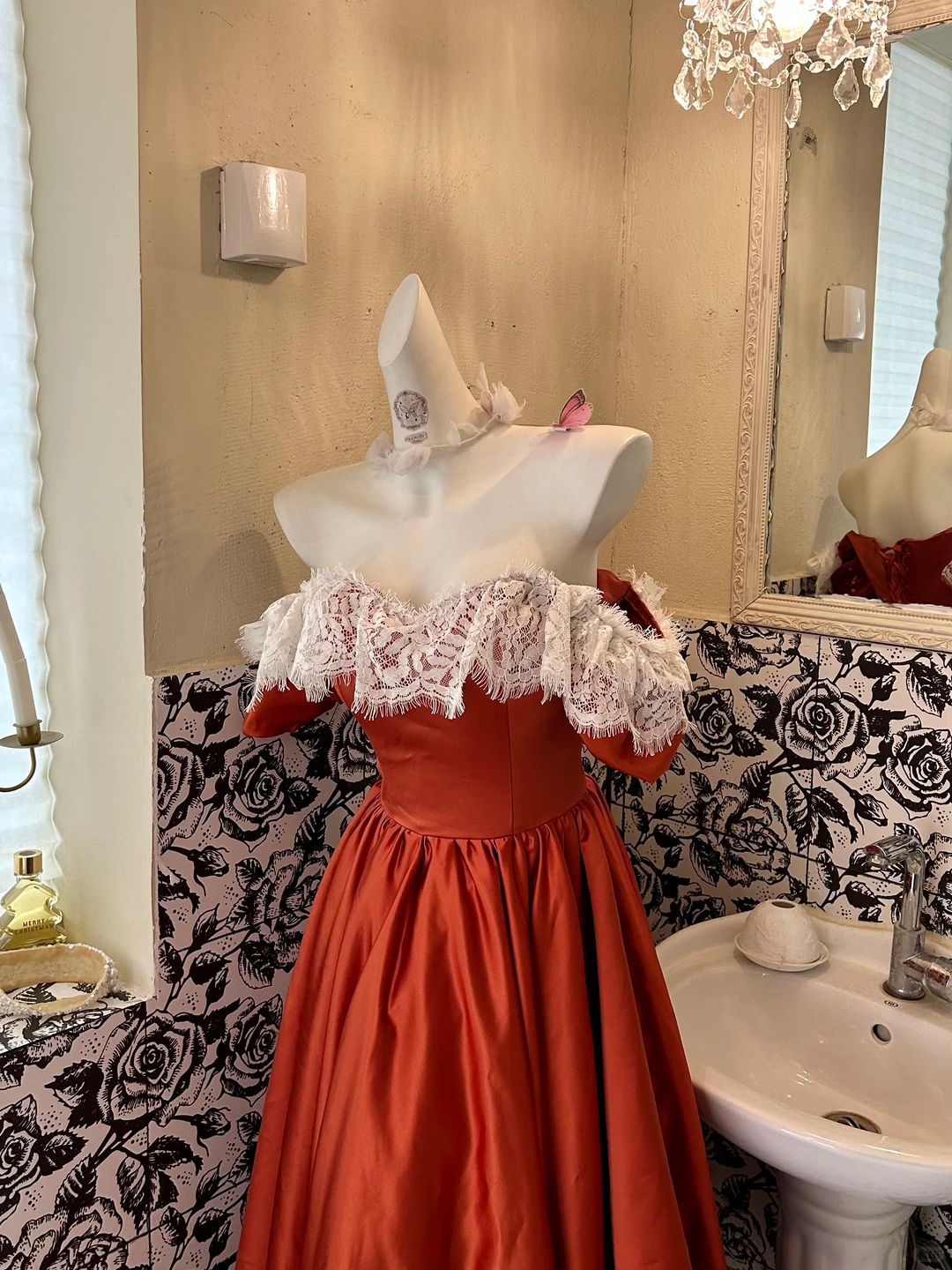 Orange Lace Neckline Off-the-Shoulder Waist-Cinched Full Flared Vintage Romantic Dress, Wedding Gown gh7581