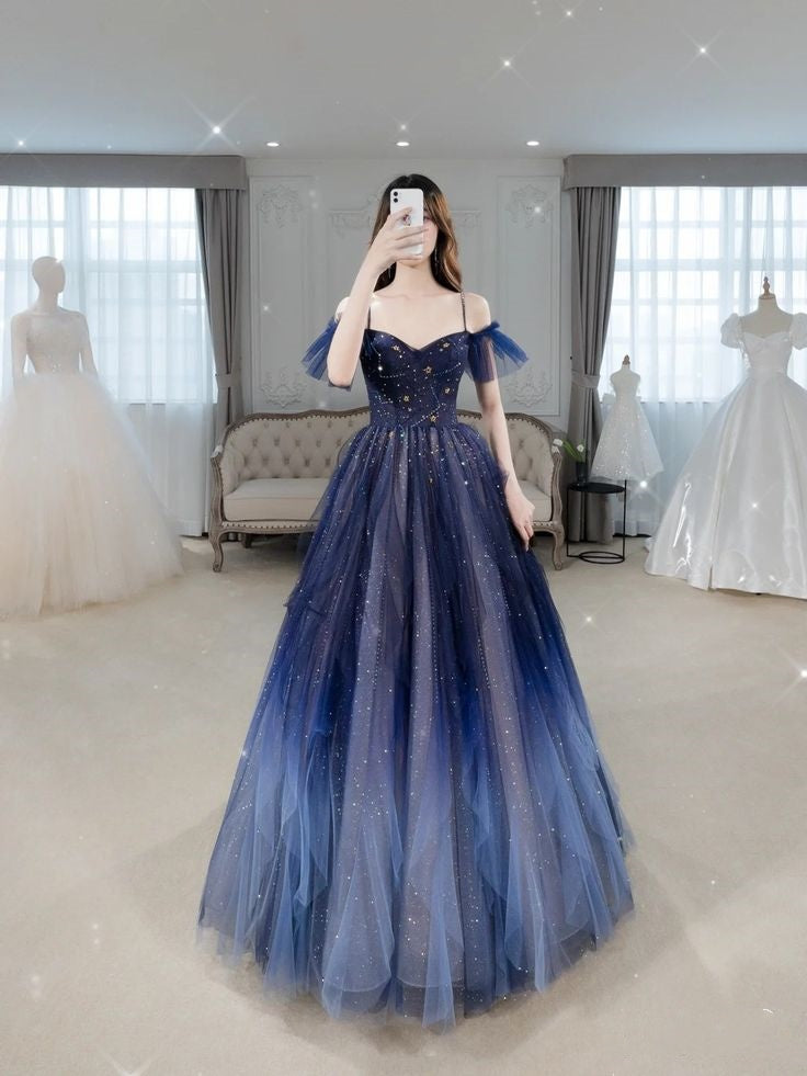 Blue beautiful gradient shiny beads spaghetti strap tulle long ball gown evening dress gh2580