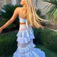 Robe de soirée longue deux pièces en dentelle florale bleue à volants gh3011