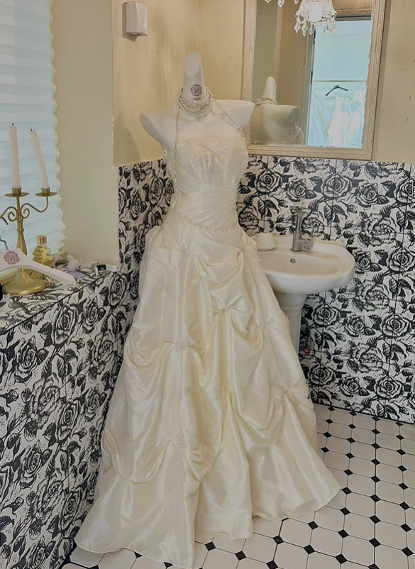 Ivory Strapless Cinched Waist Voluminous Floral Skirt Long Romantic Dress, Wedding Gown gh7818