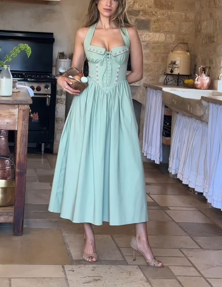 Mintgrün Elegant Exquisite Blumen Korsett Lange Satin Neckholder Ballkleid Abendkleid Partykleid gh4117