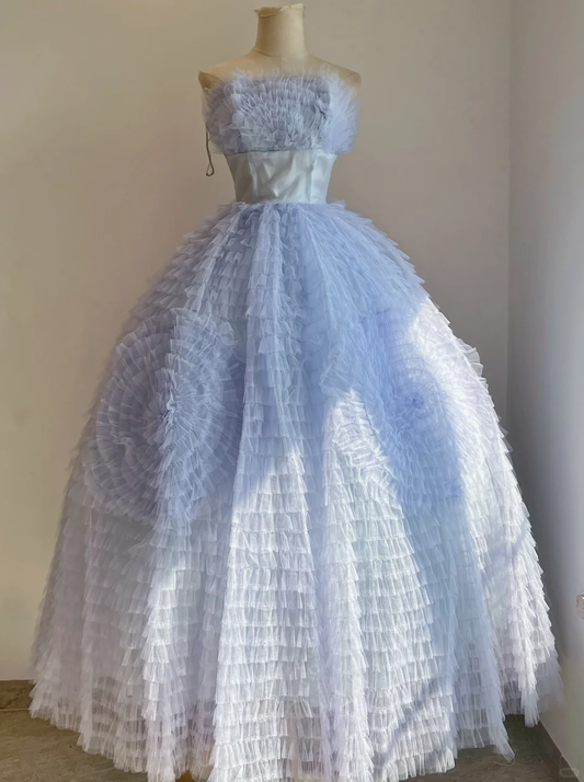 Light Blue Ombre Strapless Princess Ballgown, Tiered Tulle Wedding & Prom Dress gh9329