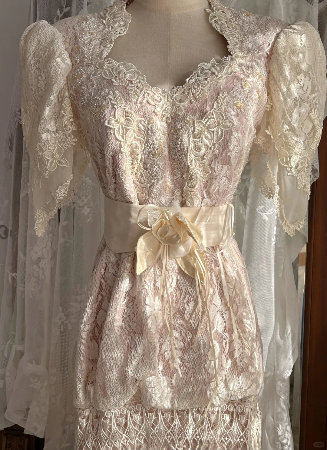 Light Pink Scalloped V Neck Floral Lace Vintage Victorian Maxi Prom Dress gh9311