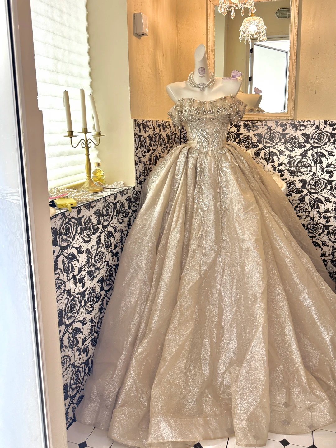 Champagne Off-the-Shoulder Waist-Cinched Gown with Silver Decorations, Voluminous Skirt Long Romantic Dress, Wedding Gown gh7760