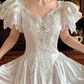 White Satin Vintage V‑Neck Ruffle Puff Short Sleeve Lace Applique Fitted Waist Tiered Ruffle Skirt Prom Gown, Wedding Dress gh8610